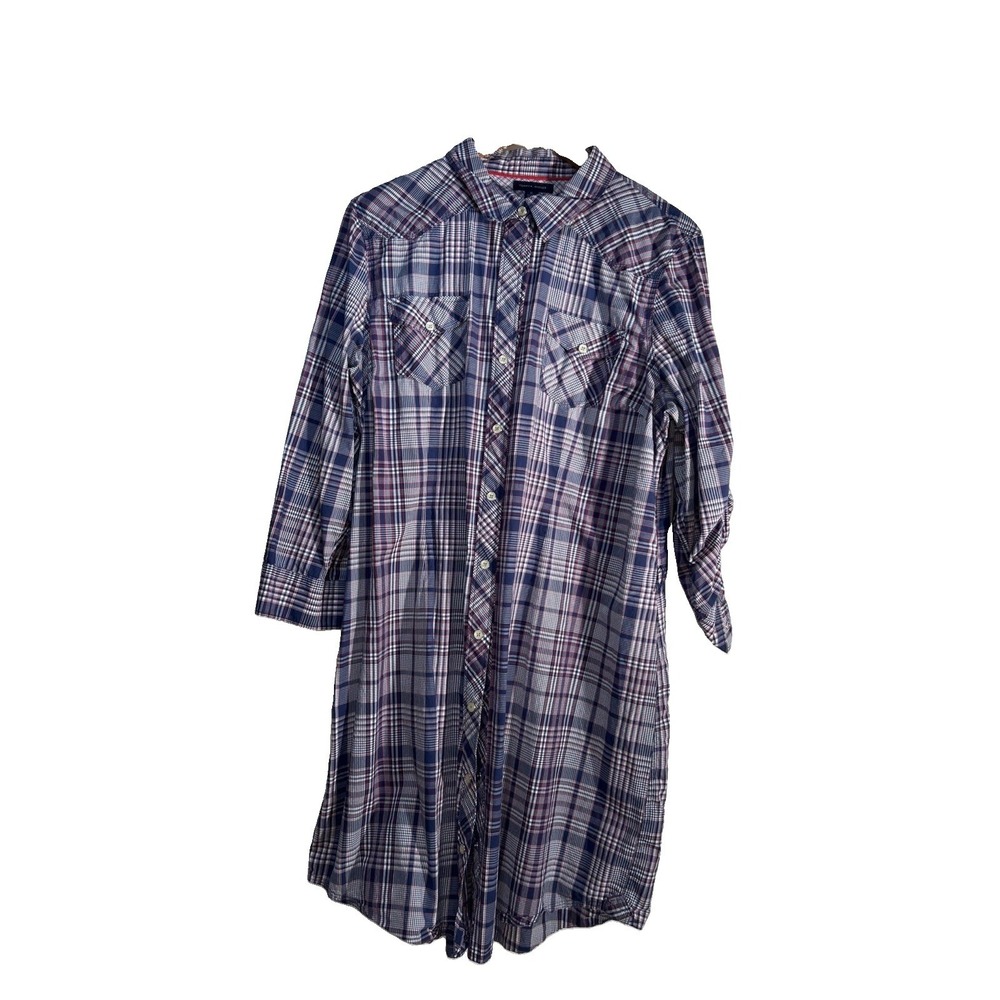 Tommy Hilfiger Snap Button Down Blue Plaid Roll Tab Sleeve Western Shirtdress XL